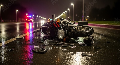 Damaged motorcycle lies on a wet roadway at night, surrounded by debris, with emergency vehicles in the background.