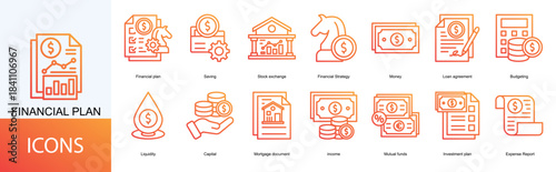 financial plan icon collection set. Containing Saving, Stock exchange, Financial Strategy, Money, Loan agreement, Budgeting, Liquidity, Capital icon