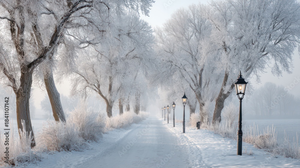Obraz premium A snowy countryside path illuminated by lantern posts sharp frost covered trees aligning both sides shadows stretching naturally