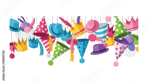 Celebratory Hat Collection: A whimsical assortment of festive hats and crowns, each designed with unique flair, adding a vibrant touch to a celebratory atmosphere.