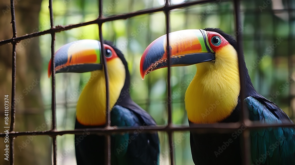 Fototapeta premium Colorful tropical bird toucan with a large beak on a tree branch in the jungle, a popular image for nature and wildlife stock photos