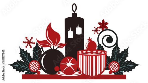 Stylized christmas decorations with candle and ornaments