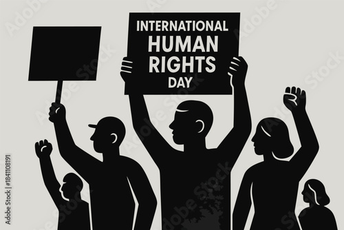Human Rights Day concept art showing raised hands of different skin tones emerging from shadows into light, representing justice, freedom, and dignity, dramatic lighting, cinematic style