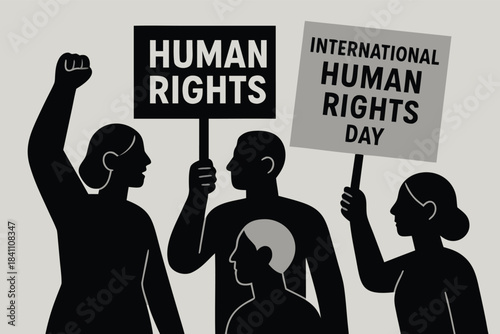 Human Rights Day concept art showing raised hands of different skin tones emerging from shadows into light, representing justice, freedom, and dignity, dramatic lighting, cinematic style