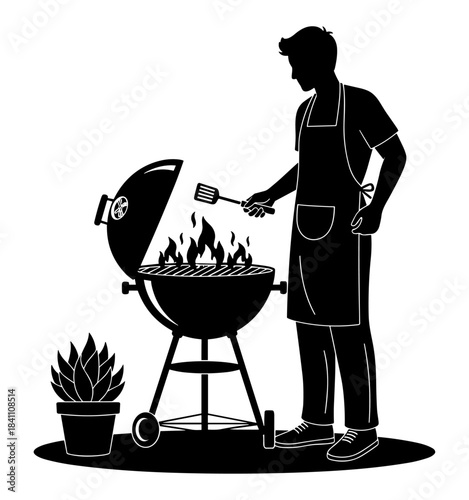 Barbecue grilling silhouette illustration with person in apron, spatula, flames, and potted plant, black and white outdoor scene