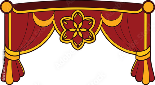 Ornate red and gold stage curtains with decorative flourish