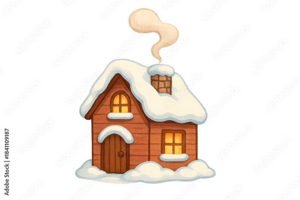 Obraz premium Cozy winter cottage illustration with snow on roof and warm glowing windows, smoke rising from chimney, transparent background