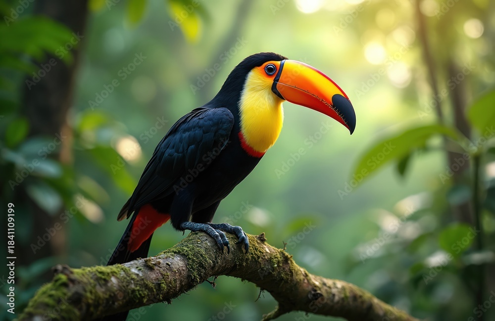 Fototapeta premium Collared Aracari toucan rests on mossy branch in verdant Costa Rican rainforest. This beautiful bird with bright beak and yellow chest has black plumage and red undertail coverts.