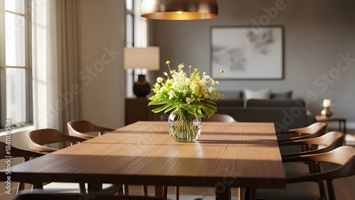 Modern Dining Room Interior with Wooden Table and Floral Centerpiece