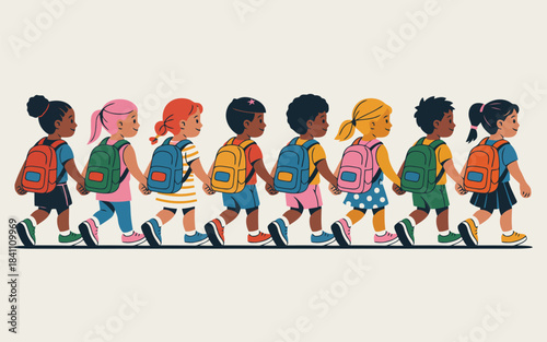 A diverse line of young school children walking together hand in hand with colorful backpacks