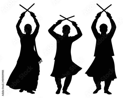 Traditional dance silhouette illustration with three figures holding sticks in rhythmic poses, black and white cultural artwork
