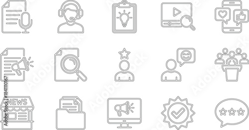 Business Management, Communication, Marketing, and Productivity Icon Set, Checklist, Planning, Customer Feedback, Media, Time Schedule, Financial Growth, Vector, Linear, Outline