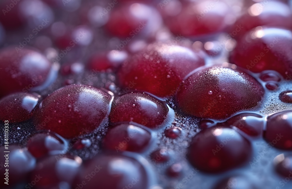 Obraz premium Closeup of ripe red grapes creates rich wine must. Bubbles form during fermentation in traditional old world winemaking process. Autumn harvest juice.