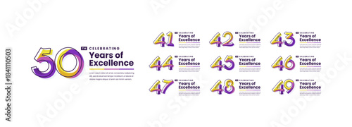 Colorful Years of Excellence Anniversary Logotype Set. 41, 42, 43, 44, 45, 46, 47, 48, 49, 50