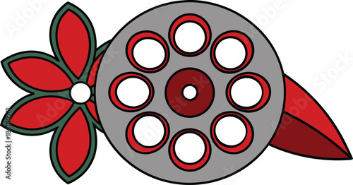 Stylized red flower with a film reel and leaves on a white background