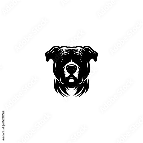 Pitbull head silhouette shaped into a strong black vector emblem design. Animal icon concept