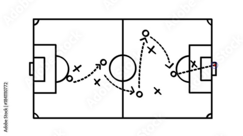 Soccer strategy visualized on a green field with animated arrows and player movements, illustrating coordinated tactics and dynamic goal-driven motion graphics for modern sports analysis