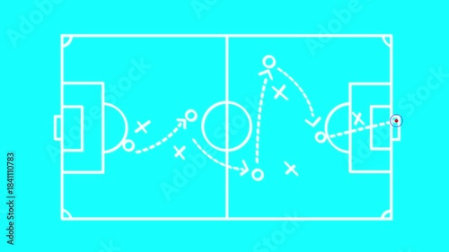 Soccer strategy visualized on a green field with animated arrows and player movements, illustrating coordinated tactics and dynamic goal-driven motion graphics for modern sports analysis