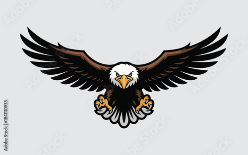 A powerful majestic eagle cartoon character spreads its brown and black wings wide ready to attack