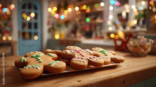 Gingerbread Cookies on Plate with Festive Background and Decorations