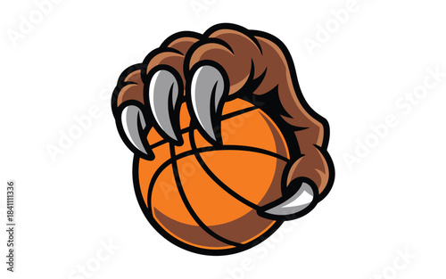 A strong brown monster paw with sharp talons firmly clutching an orange basketball