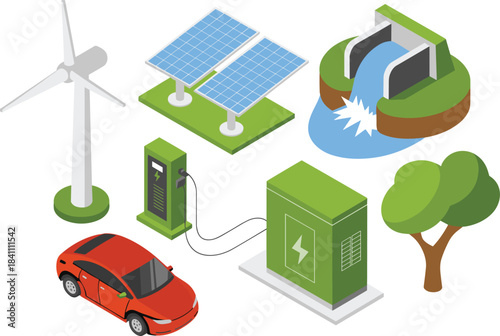 Isometric renewable energy illustration with solar panels, wind turbine, hydro power, electric vehicle charger, eco technology, clean energy systems, green sustainability