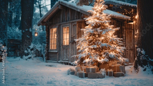 Cozy wooden cabin with Christmas tree and snow-covered gifts outside