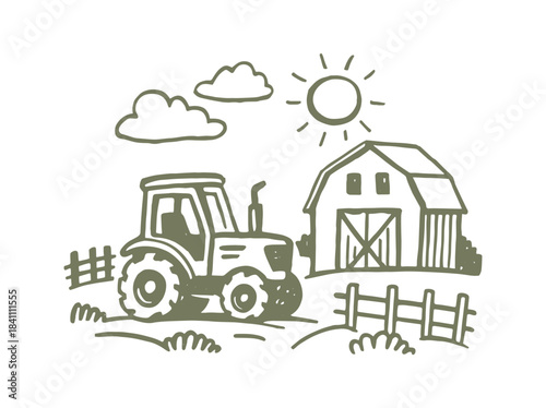 Tractor and barn farm landscape sketch vector illustration