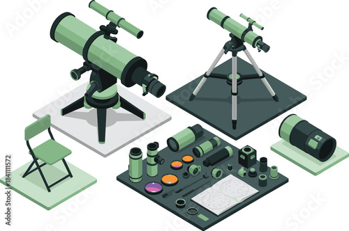 Isometric telescope equipment illustration, astronomy tools and accessories, stargazing gear set, optical instruments, observation tripod, space exploration hobby design elements