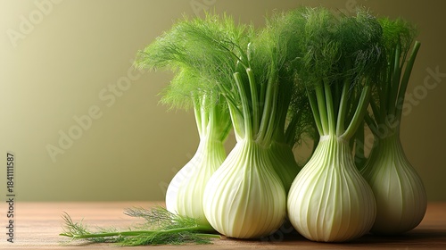 Fresh fennel bulbs with green fronds on wooden table in light setting during daytime