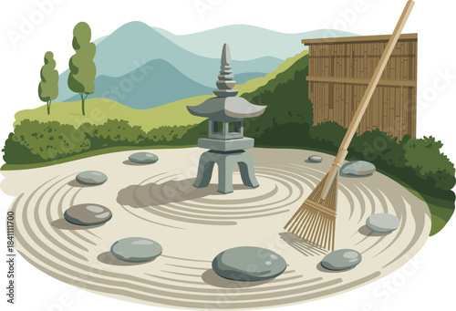 Japanese Zen garden illustration with rocks and sand, peaceful meditation landscape design, traditional stone lantern, raked patterns, tranquil nature scenery