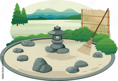 Japanese Zen garden illustration with rocks and sand, peaceful meditation landscape design, traditional stone lantern, raked patterns, tranquil nature scenery
