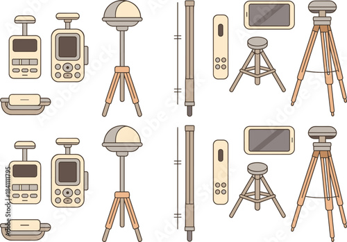 Professional surveying equipment illustration, GNSS receivers, tripods, data collectors, measuring rods, geodetic instruments, construction tools, topographic mapping devices, vector design elements