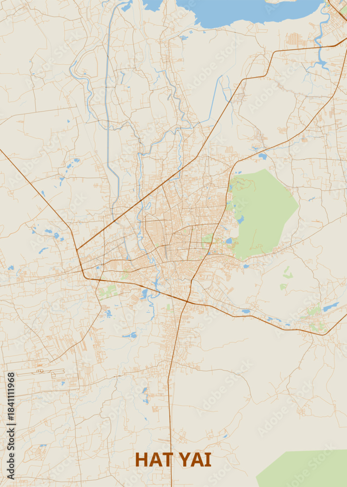 Naklejka premium Map of Hat Yai, Thailand. The map features a network of roads and streets in light brown, with water bodies depicted in light blue. Green areas indicate parks or natural reserves within the city.