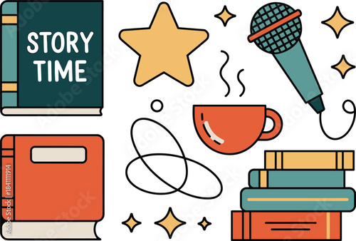 Storytime illustration with books, microphone, coffee cup, stars, reading symbols, creative storytelling concept, podcast elements, cozy literature themed design