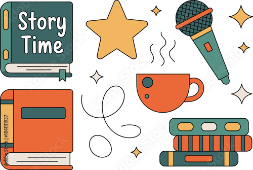 Storytime illustration with books, microphone, coffee cup, stars, reading symbols, creative storytelling concept, podcast elements, cozy literature themed design
