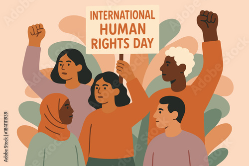 Human Rights Day concept art showing raised hands of different skin tones emerging from shadows into light, representing justice, freedom, and dignity, dramatic lighting, cinematic style