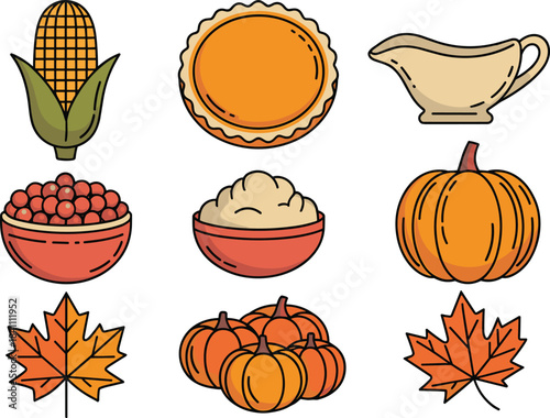 Thanksgiving food and autumn icon set illustration, pumpkin, corn, pie, cranberries, gravy, leaves, harvest symbols, fall season holiday graphics