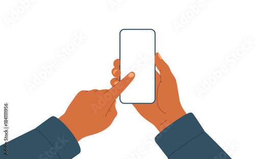 Brown hands are holding a sleek mobile phone and gently tapping its bright blank screen