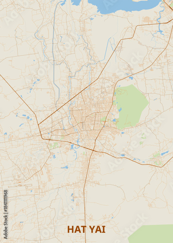 Map of Hat Yai, Thailand. The map features a network of roads and streets in light brown, with water bodies depicted in light blue. Green areas indicate parks or natural reserves within the city.