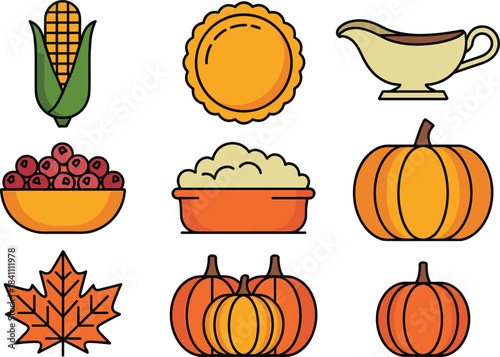 Thanksgiving food and autumn icon set illustration, pumpkin, corn, pie, cranberries, gravy, leaves, harvest symbols, fall season holiday graphics