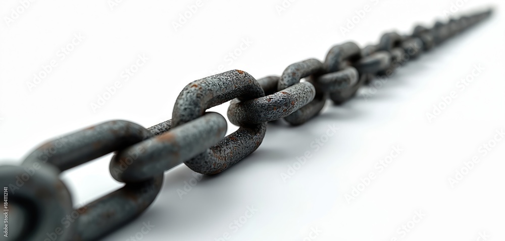 Obraz premium Thick rusty metal chain links extend into distance against white background. Link strong, connected, showing industrial strength, durability, security. Visual implies heavy duty connection.