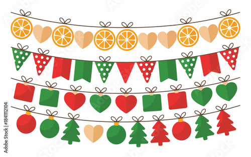 Charming holiday garlands showcasing dried orange slices, hearts, festive banners, and various Christmas decorations