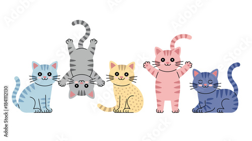Colorful cartoon cats display their playful antics in a delightful set of illustrations