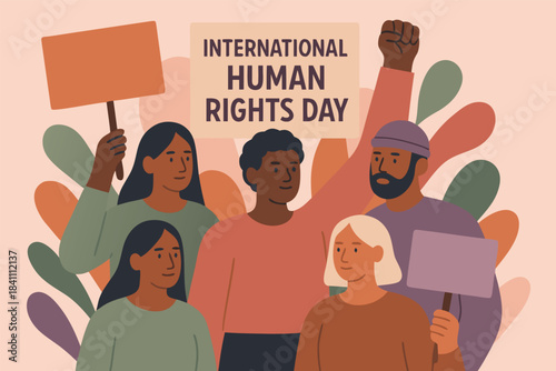 Human Rights Day concept art showing raised hands of different skin tones emerging from shadows into light, representing justice, freedom, and dignity, dramatic lighting, cinematic style