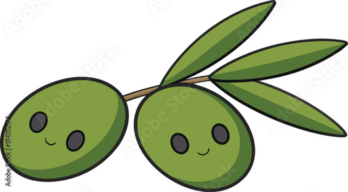 Cute cartoon olives with happy faces on a branch