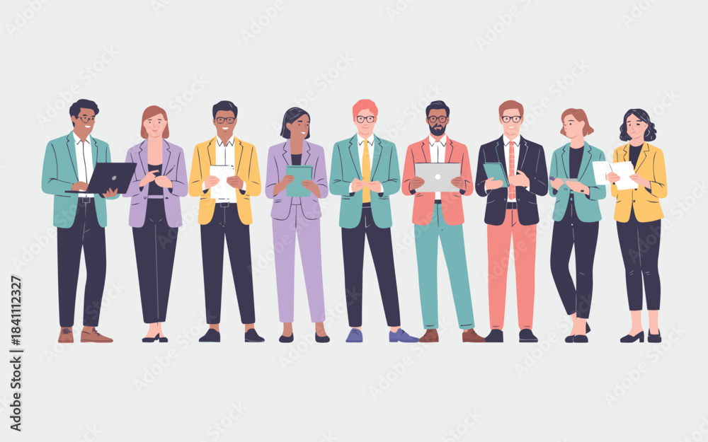 Obraz premium Diverse group of modern business professionals standing together holding various digital devices and documents