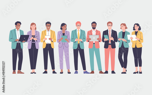 Diverse group of modern business professionals standing together holding various digital devices and documents