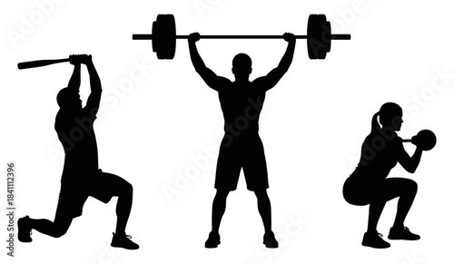 Fitness silhouette icon set featuring baseball swing, barbell lift, and goblet squat, black and white exercise illustration
