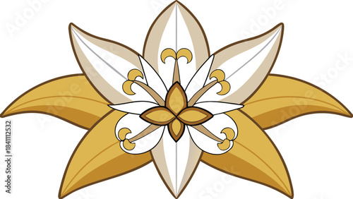 Stylized illustration of a white and gold flower with six petals
